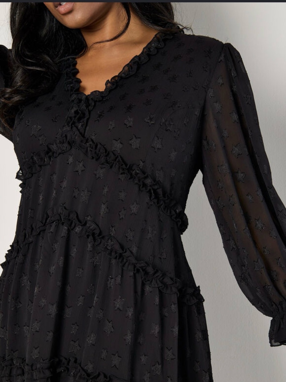 B Darlin Black Star-Textured Ruffle Tiered Long-Sleeve Dress, whimsy goth, fairy